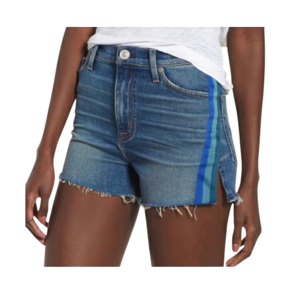Hudson Sade Cut Off High Rise Blue Green Side Stripe Cotton Denim Jean Shorts